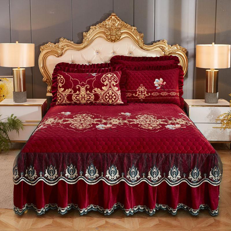 

High Grade Luxury Soft Bed Skirt Winter Plush Thick Quilted Bed Cover Skirt King Queen Pad Bedspread Not Including Pillowcase, Color 9
