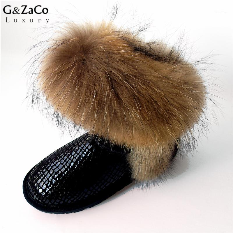

G&Zaco Snow Boots Natural Fur Cow Boots Waterproof Mid Calf Genuine Leather Winter Cotton Real Fur Women Shoes1, Black stone