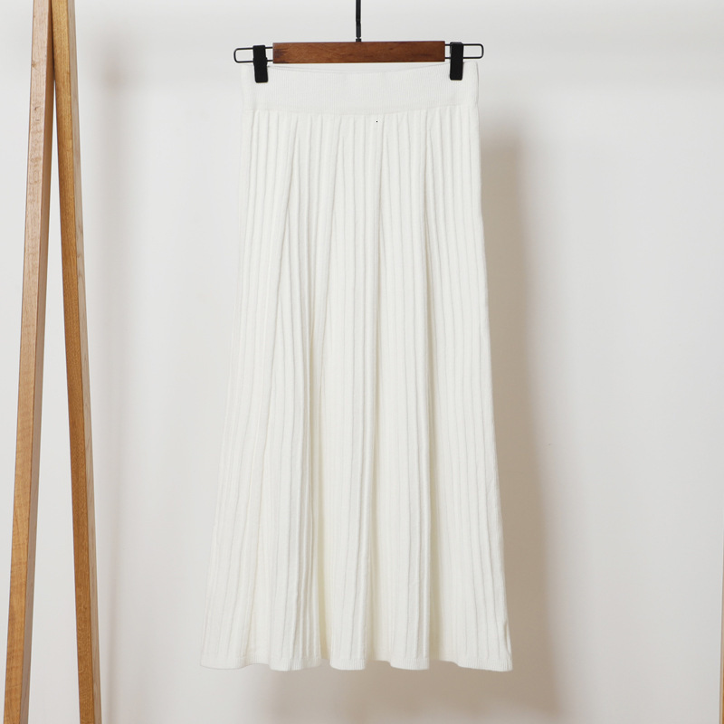

2021 New Vintage Elegant Winter Women Sweater Skirt Elastic High Waist Pleated Midi Knitted A-line Female Solid Thick Skirts 7q2k, White