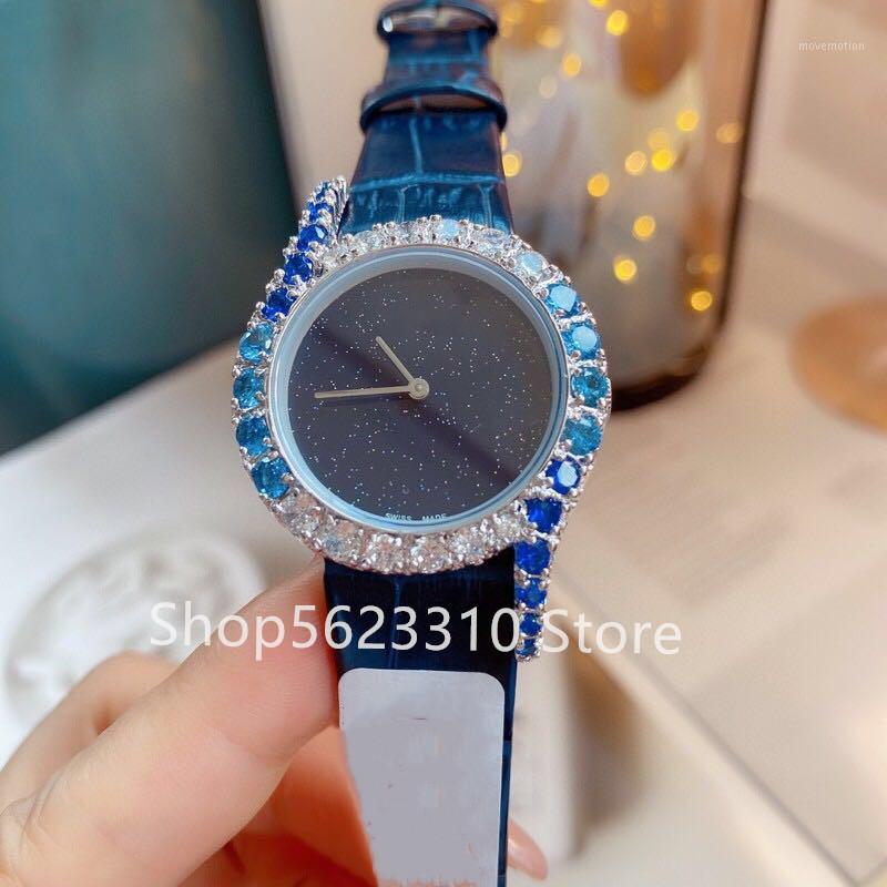 

Wristwatches 32mm Fashion Lady Quartz Watch Black Sky Genuine Leather White Blue Cz Diamond Gala Wristwatch For Women Quality1, Only number 1