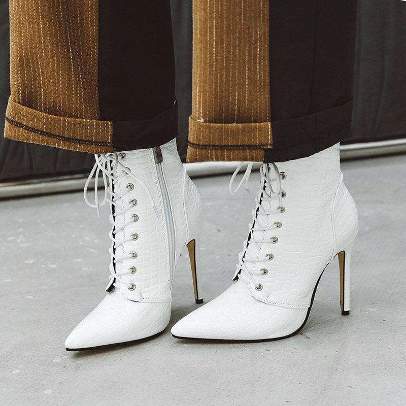 

Faux Leather Women Boots Autumn High Heel Ankle Boots Pointed Toe Lace Up Zipper Fashion Women Fur Plush Winter 2021, Black