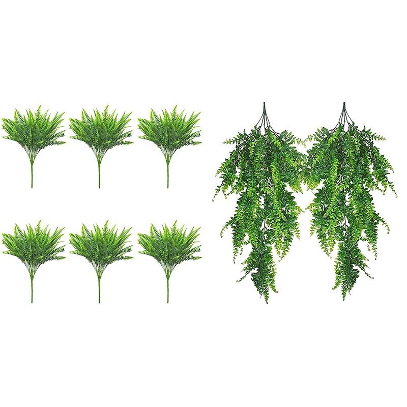

18 Pcs Artificial Fern Plants Resistant Greenery Shrubs Fake Plants & 2 Pcs Artificial Plant Ivy Plastic Greenery, Green