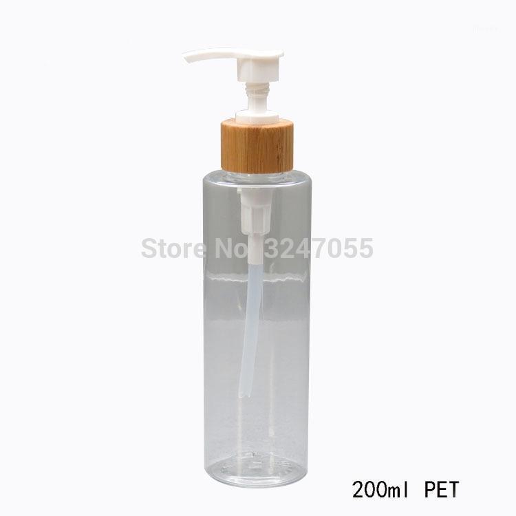 

200ML Clear PET Plastic Emulsion Bottle with Bamboo Press Head, Empty Shampoo/Lotion Pump Container, Body Care Refillable Bottle1