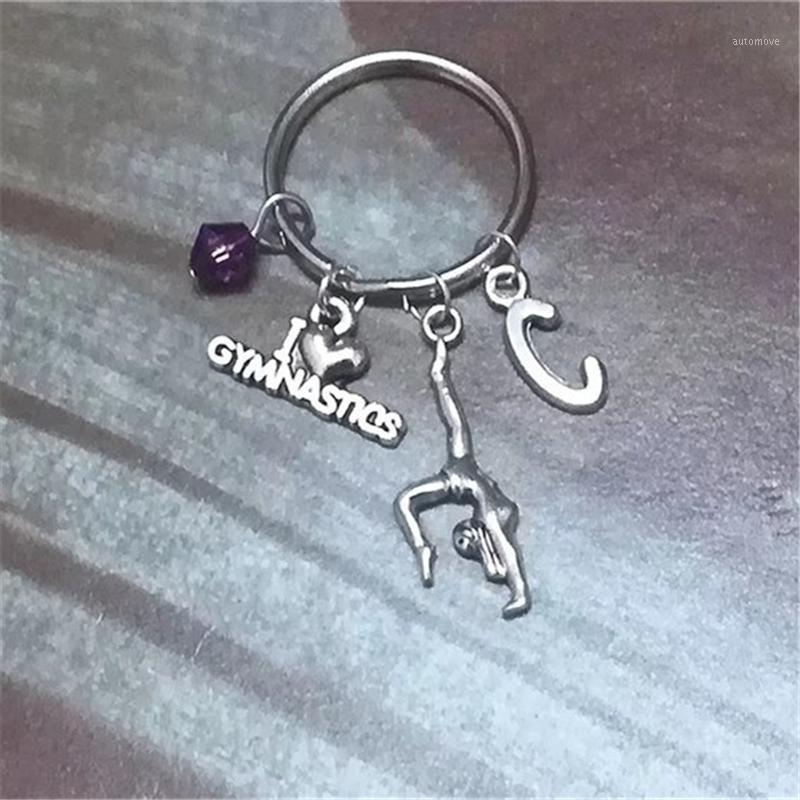 

Gymnastics Gift Girl Keychain, Initial Keychain with Purple Bead, Sport Keychain, Gymnastic Keychain1