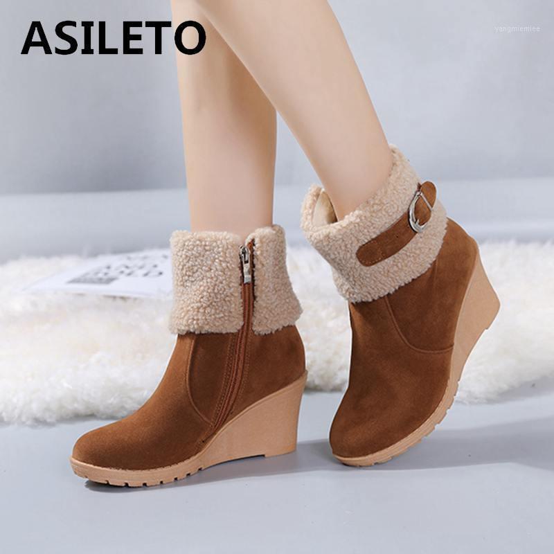 

ASILETO 2020 Winter boots Fur Women Shoes Woman Snow Boots Ankle Warm Platform Wedge shoes Femme Ladies Boot botas FootwearS9061, Brown