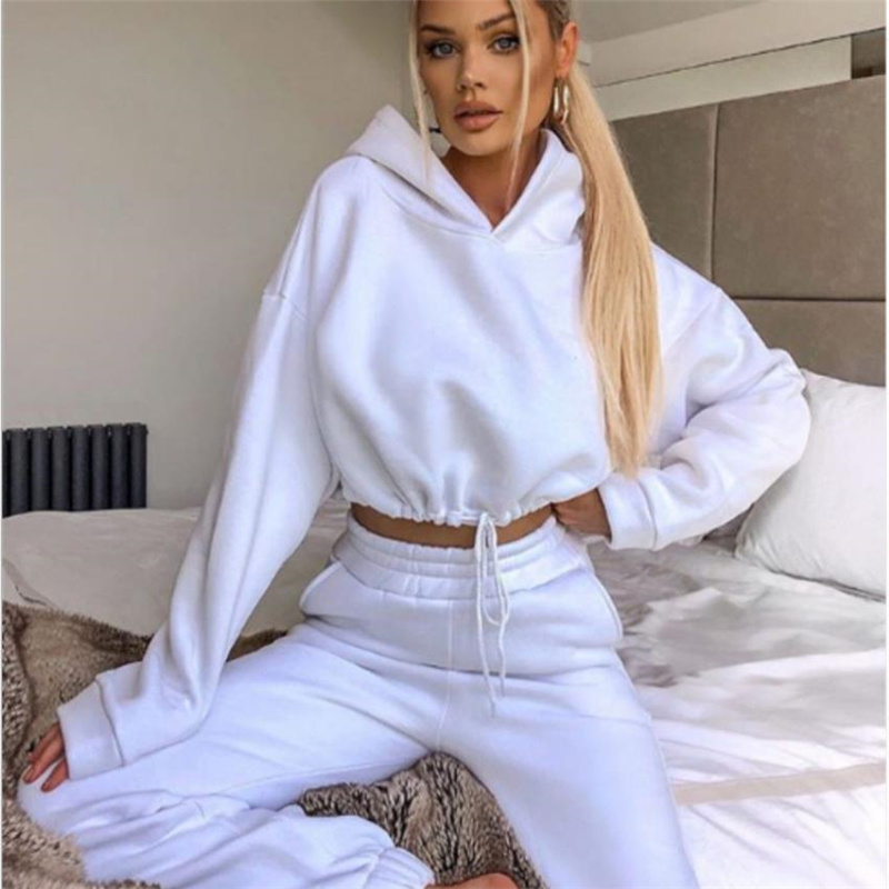 

Simple 2-piece set ladies spring autumn hedging super short casual wear sportswear ladies solid color hooded sweater sweat shirt jogging pan, Green
