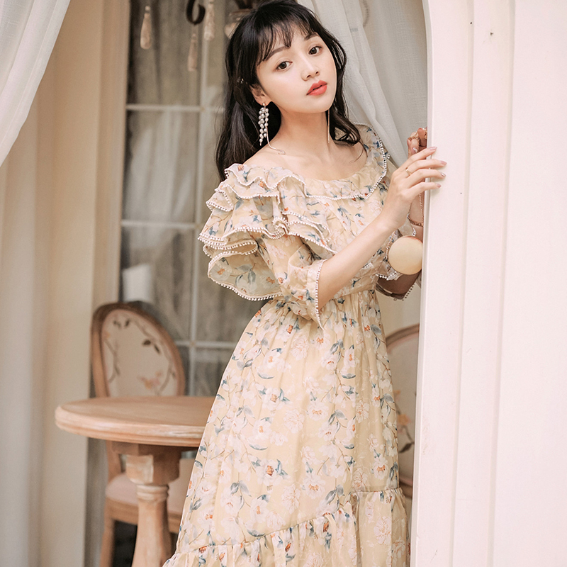 

Tunique Mid-calf Fit and Enlargement High Quality Midi Elegant Chiffon in Print Slash Neck Off the Shoulder Dressed 2021 Summer Bojj, Blue
