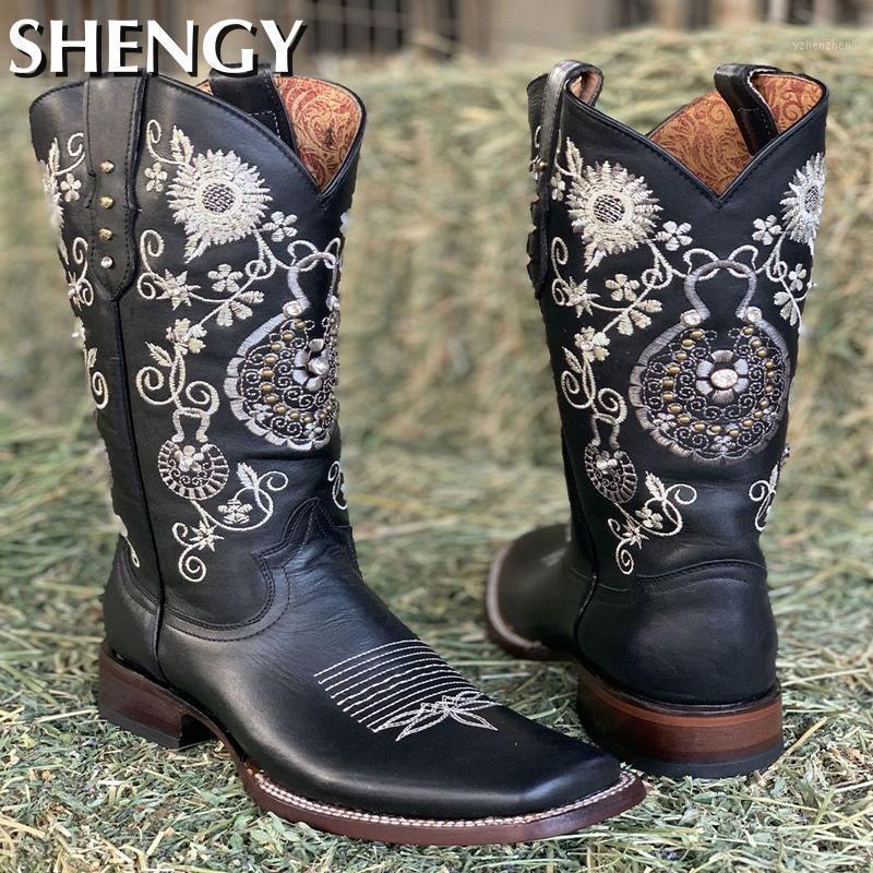 

Autumn Women Knee High Boots Mid-Calf Slip-On Mixed Color Embroider Women's Shoes Rome Retro Hiking Ladies Western Shoes1, Black1