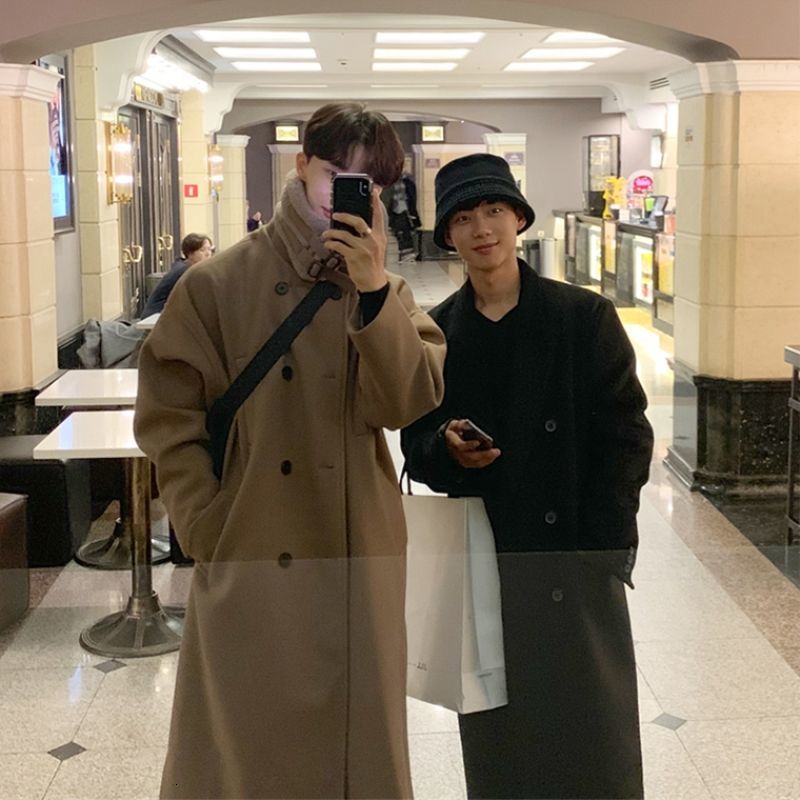 

Male Autumn 2021 Thin New Winter Long Pure on Knee Coat Lapel Fashion Masculine Youth Wear JDDA, Black