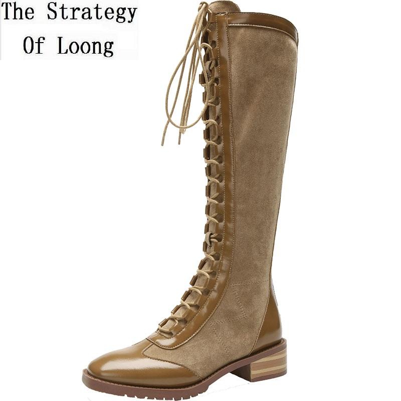 

Fashion Spring Autumn Women Cross-tied Knee-High Equestrian Boots Winter Ladies Plush Long Plush Boots Khaki Black 191226, Winter black