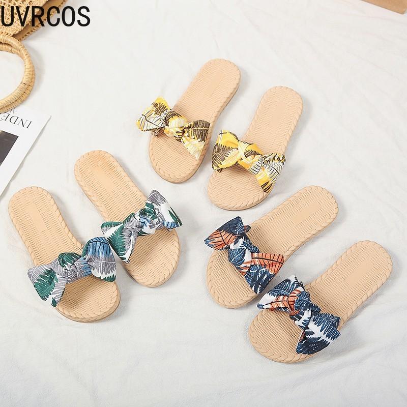 

2021 Women's Bow Flat Slippers Summer Flowers Flocking Fashion Flip Flops Vacation Beach Shoes Slippers, Blue