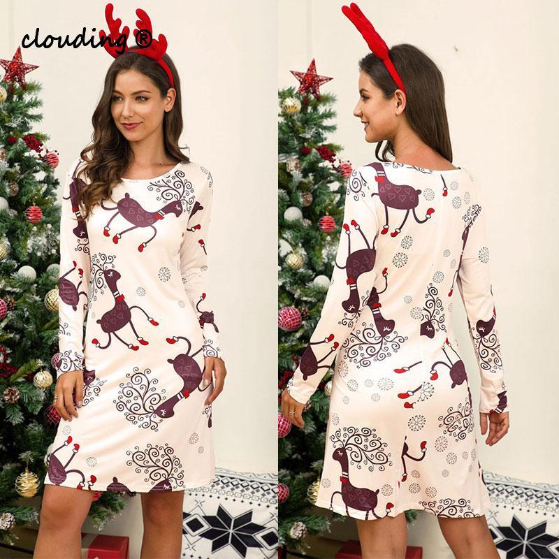 

Christmas Printing Vintage Plus Size Fall 2020 Women White Dress Winter O-Neck Long Sleeve Korean Fashion Dress Clothing