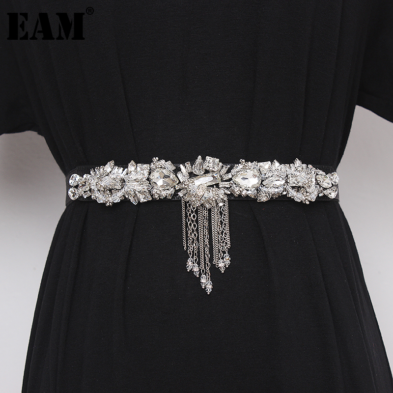 

EAM] White Rhinestones Tassels Split Long Wide Belt Personality Women New Fashion Tide All-match Spring Autumn 2020 1DB707, Black