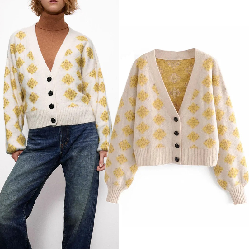 

2021 New Jacquard Oversize Cropped Knitted Cardigan Sweater Women Autumn Fashion Ribbed Long Puff Sleeve Vintage Ladies Cardigans Top Vagv, Beige