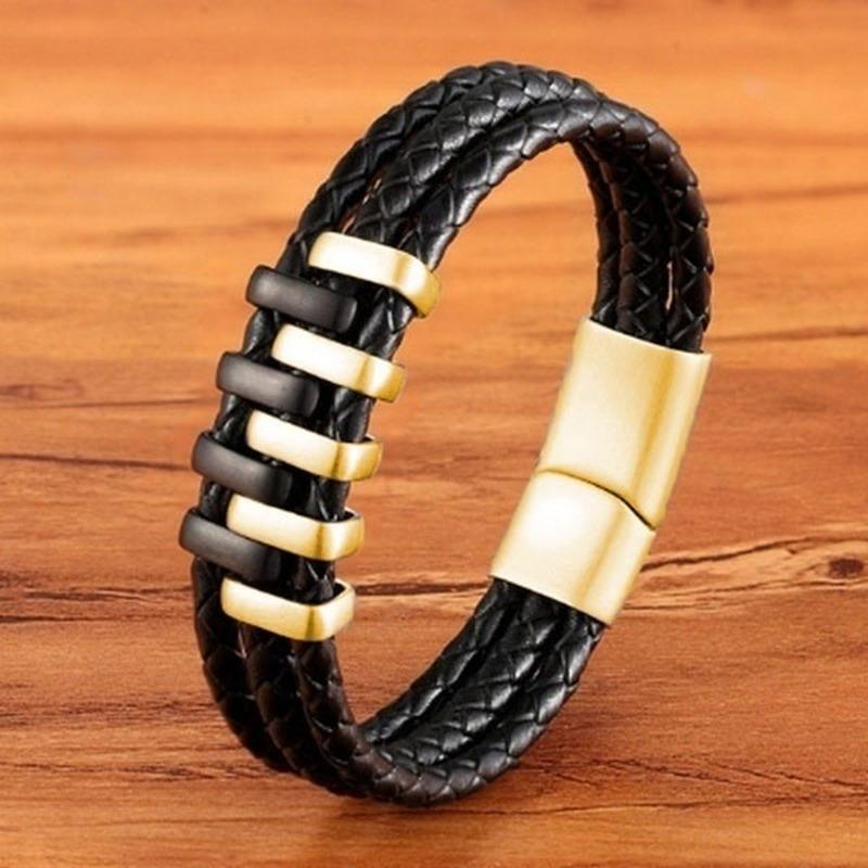 

Trendy Fashion Multilayer Punk Style Personality Design Black Leather Leather Men Classic Waybill Casual Bracelet