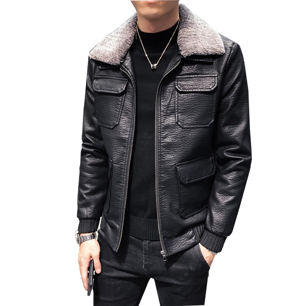 

2021 New Korean Style Black Faux Leather Men Slim Fit Multipocket Wool Oven Winter Goal From Hot Jacket Jackets A5S2