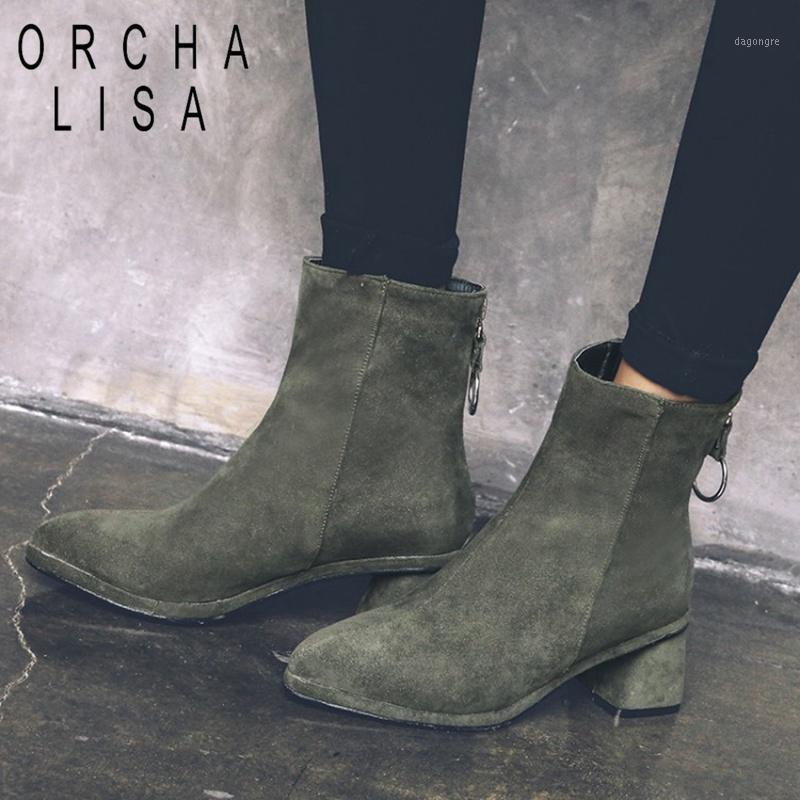 

ORCHA LISA Spring Autumn Ankle boots For Women Block Med heels pointed toe back zipper booties boots female big size1, Black