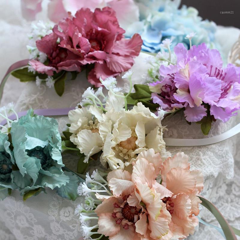 

1pcs Wrist Flower Rose Silk Ribbon Bride Corsage Hand Decorative Wristband Bracelet Bridesmaid Curtain Band Clip Bouquet1, Red