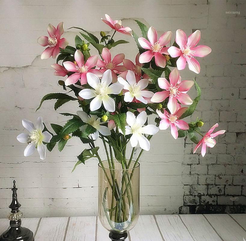 

Clematis wire lotus artificial flowers with leaves for home wedding decoration fleurs silk fake flower 3 heads1, White
