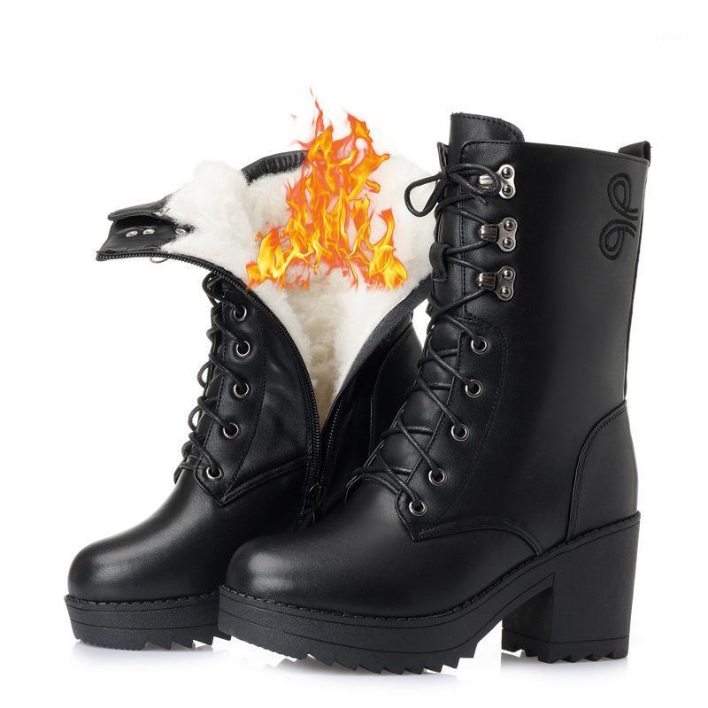 

2020 Plus Size Warm Inside Plush / Wool Winter Boots Snow Boots Genuine Leather Shoes Knight High-heel Shoes Woman1, Black inside plush