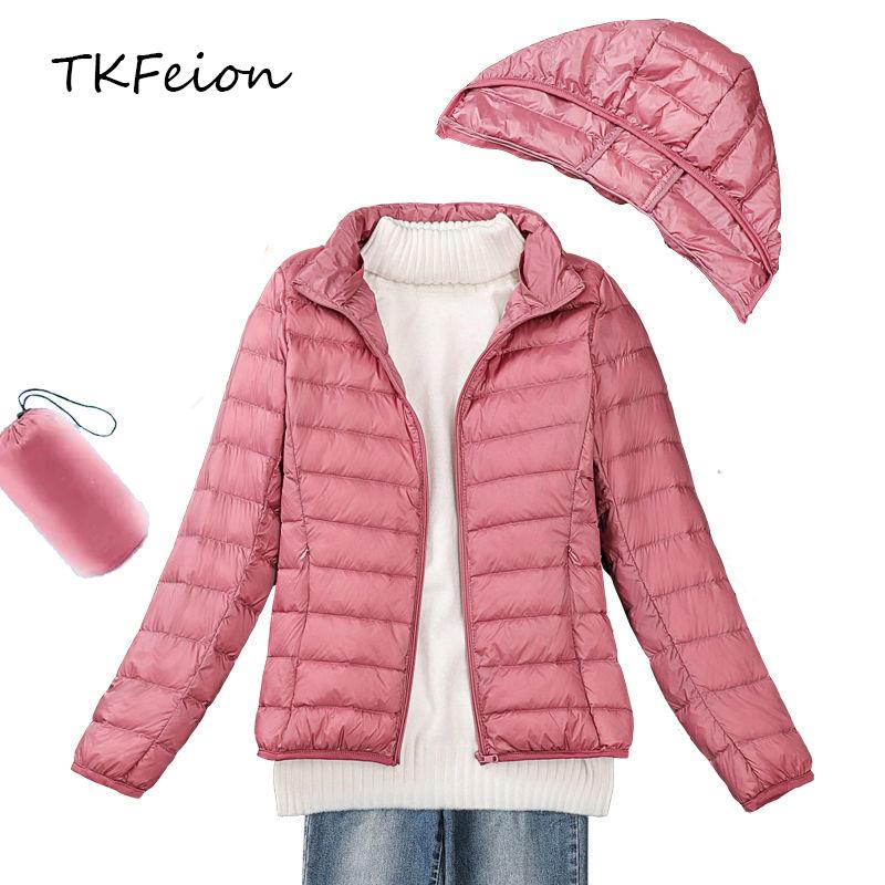 

Womens Fashions Jacket with Detachable Hat 10 Colors 2020 Female Duck Down Outwear Coats Light Thin Slim Style Plus Size 4XL 5XL, Red