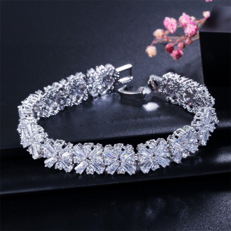 

New Arrival Luxury Jewelry Mona Lisa Bangle 18K White&Rose Gold Fill T Princess Cut White Clear Topaz CZ Diamond Women Wedding Bracelet