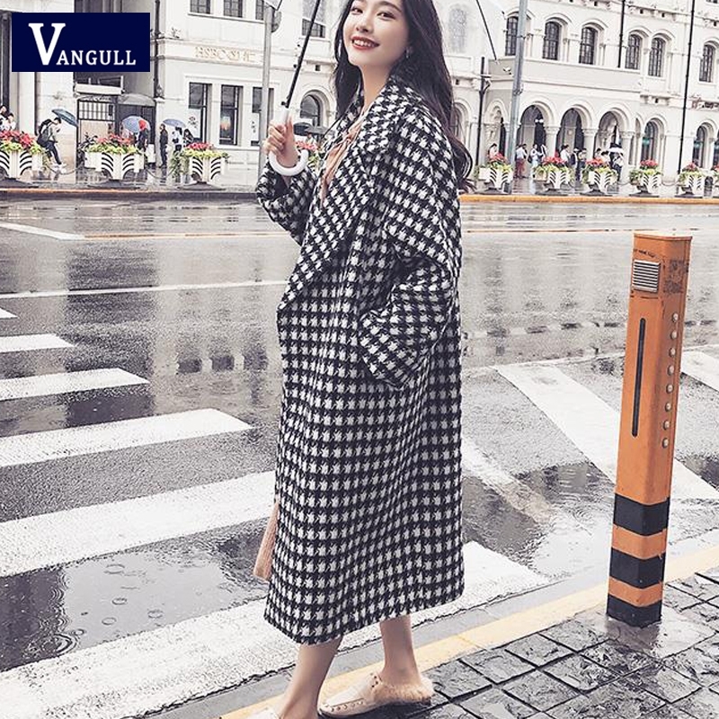 Vangull Winter Plaid Women Wool Coats Turn-down Collar Loose Thick Long Jackets Women New Warm Black White Plaid Outerwear 201111