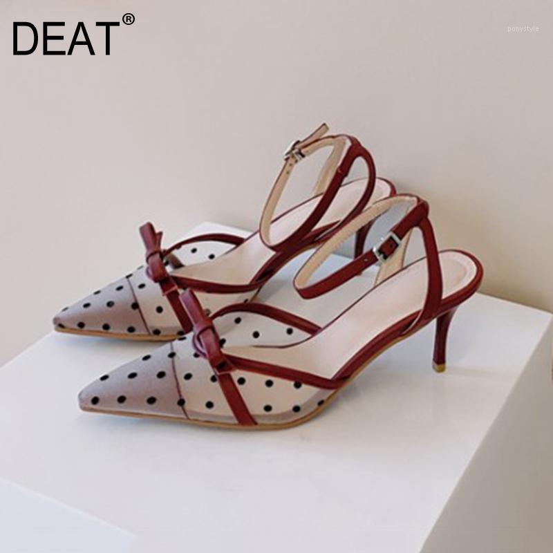

DEAT] 2020 New Spring Summer Sharp Toe Shallow Bowknot Mesh Dots Temperament Thin Heels Sandals For Women Shoes Fashion 10I1751, Wine