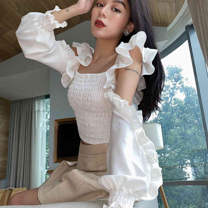 

Elegant Fungus Blouse French Fashion Puff Long Sleeve Hollow Square Collar Elastic Slim Waist All Match Short Shirt, White