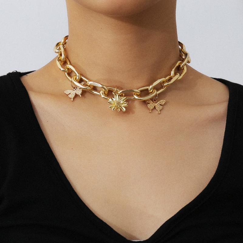 

Goth Chunky Thick Chain Necklaces Steampunk Men Choker Necklaces Women Butterfly Flower Necklace Gift Jewelry Fashion
