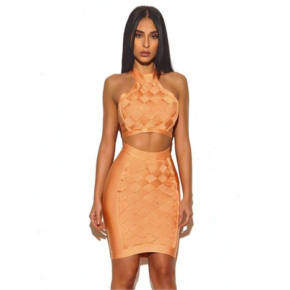 

2020 2 Play Handmade Set Shape Women Halter Strapless Mangoes Bandage Weave Malha Rayon Dressed D2v1, Orange.