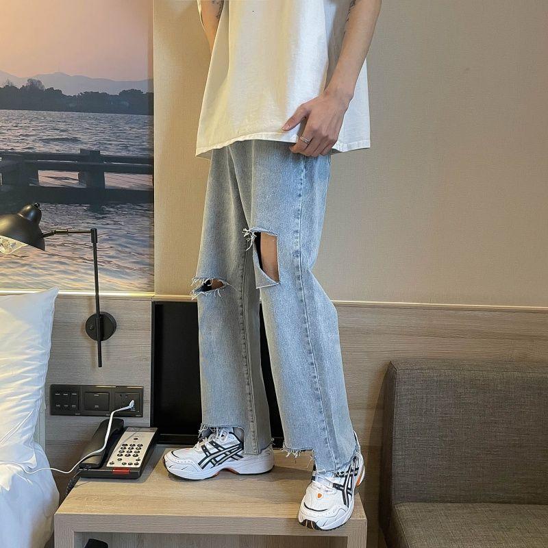

Summer Ripped Jeans Men' Fashion Casual Wide-leg Jeans Men Streetwear Korean Loose Hip-hop Hole Straight Denim Trousers Mens, Black