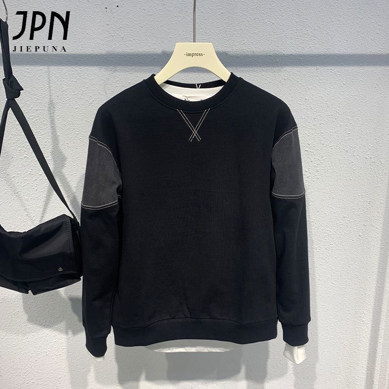 

2021 High quality Men's Blouse Winter Plus Japanese Velvet Trend Male Pattern Color Letter Impression Youth Around the Neck Top WEEB, Black