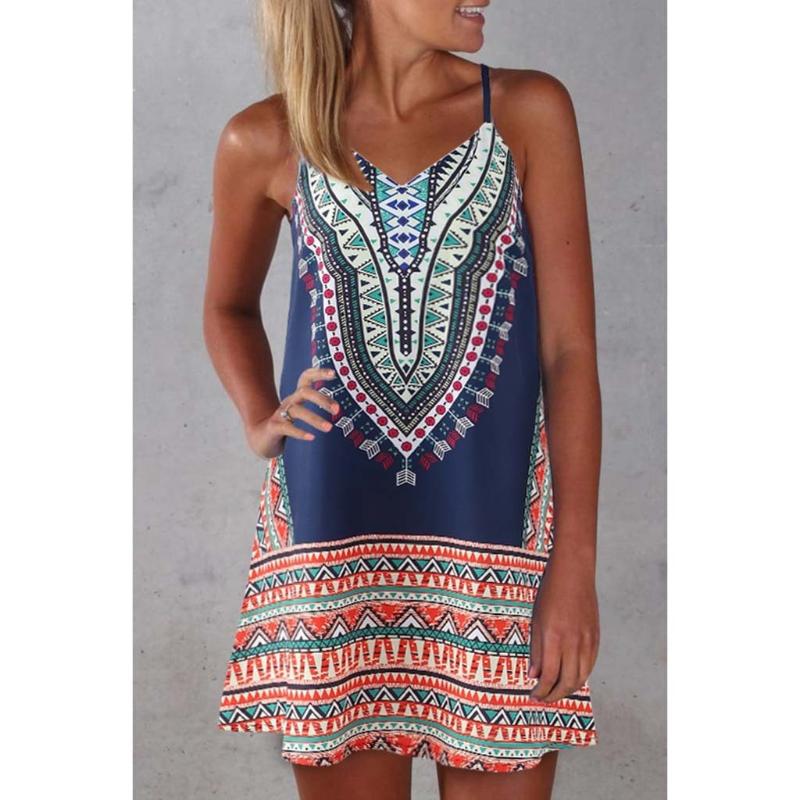 

2020 Women Summer Dress Boho Style Block Floral Print V-neck Beach Dress Tunic Sleeveless Loose Mini Party Vestidos, Yellow