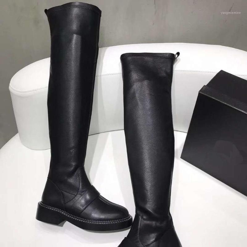 

vallu2020 winter new all-leather stitching fashion and versatile plain stretch high boots1, Black