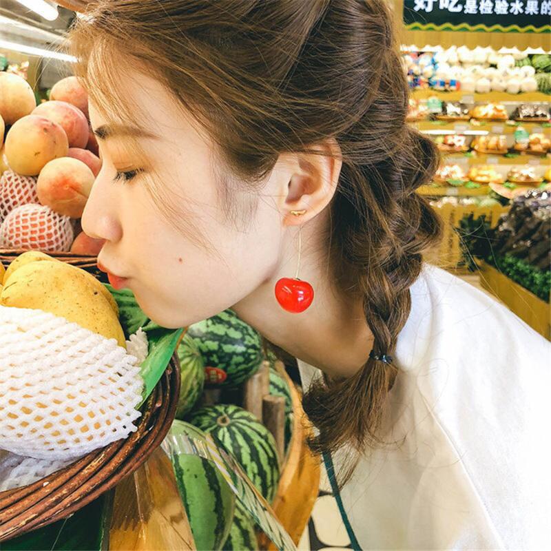 

Sweet girl red cherry chelizi long earrings versatile earrings resin EarringsB085