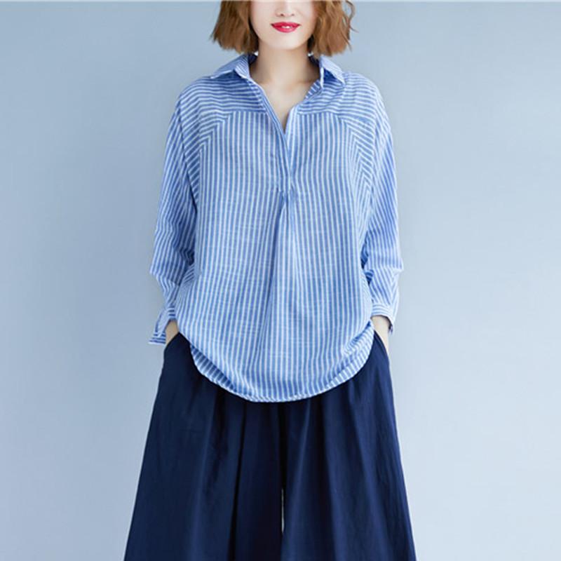 

Johnature 2020 Autumn New Casual All Match Womens Tops And Blouses Turn-down Collar Full Sleeve Striped Female Shirts, Blue
