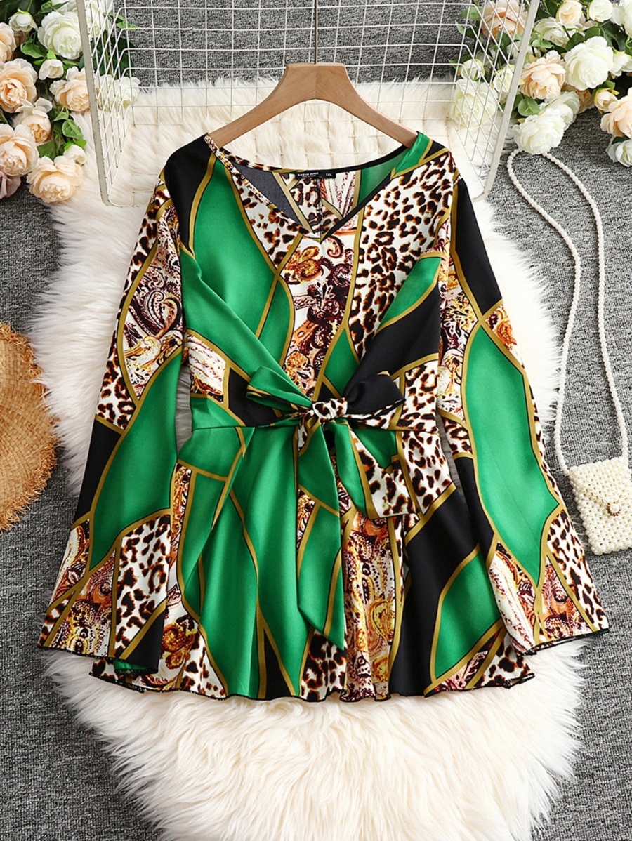 

Plus Leopard & Paisley Print Colorblock Knot Front Blouse T8DP#, Multicolor