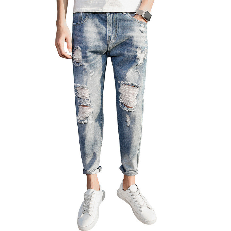 

2020 Spring Korean Version of the New Male Jeans, Hand-broken Nine Pants, Youth Fashions Man-torn Jeans Ozqm, Light blue