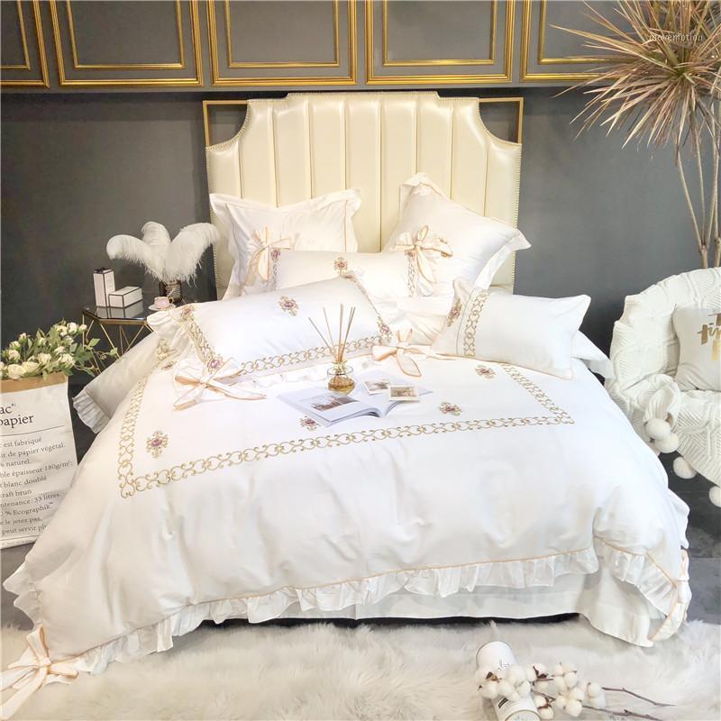 

New Egyptian Cotton Embroidery Cream White Bedding Set Luxury Queen/King Size Bed sheet linen set ropa de cama/linge de lit1, Bedding set 8