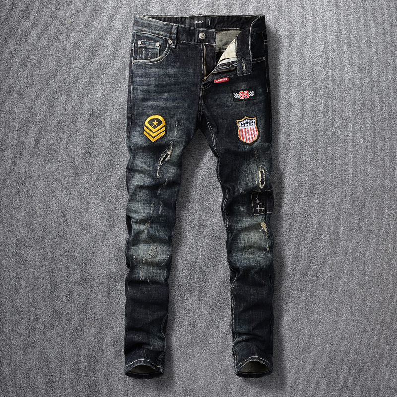 

2021 New Fashion Streetwear Men Jeans Retro Black Blue Slim Fit Ripped Denim Punk Pants Patches Designer Hip Hop Cotton Long Trousers Od1f