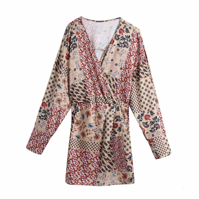 

2021 New Vintage Women Floral Print Fashion Ladies V-neck Elegant Female Patchwork Short Romper Girls Chic Vestidos F1m1, Khaki