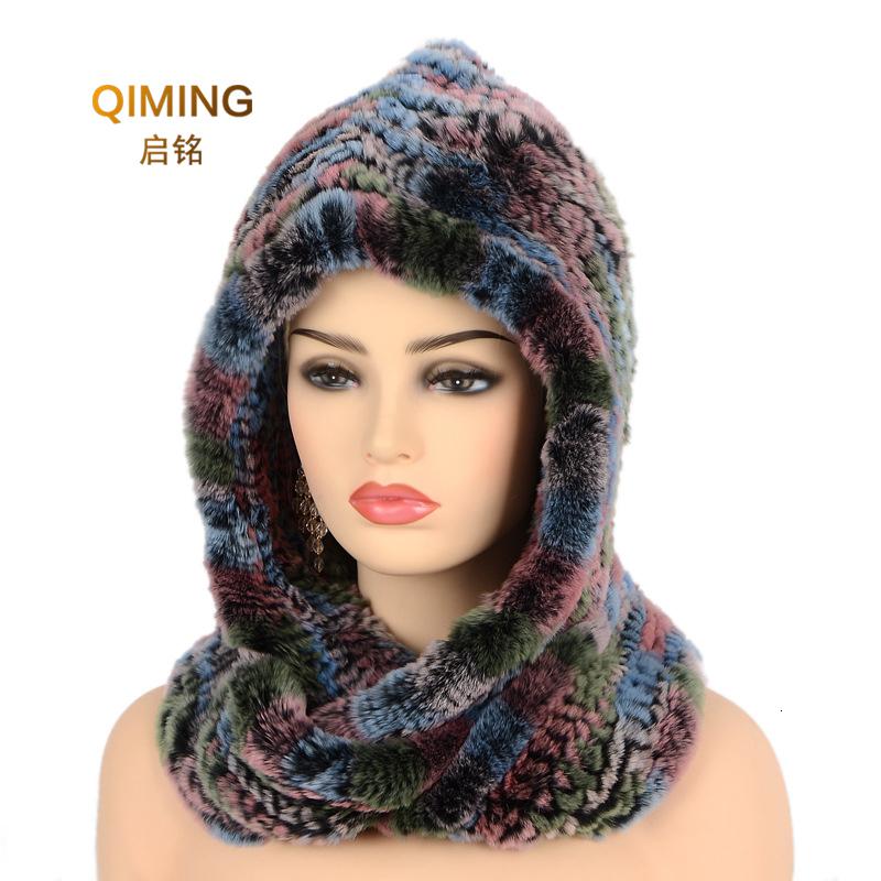 

Hat Women New Knitted Real Rex Fur Hat Hooded Scarf Winter hats for Woman Cap Warm Natural Fur With Neck Scarves, Color-7