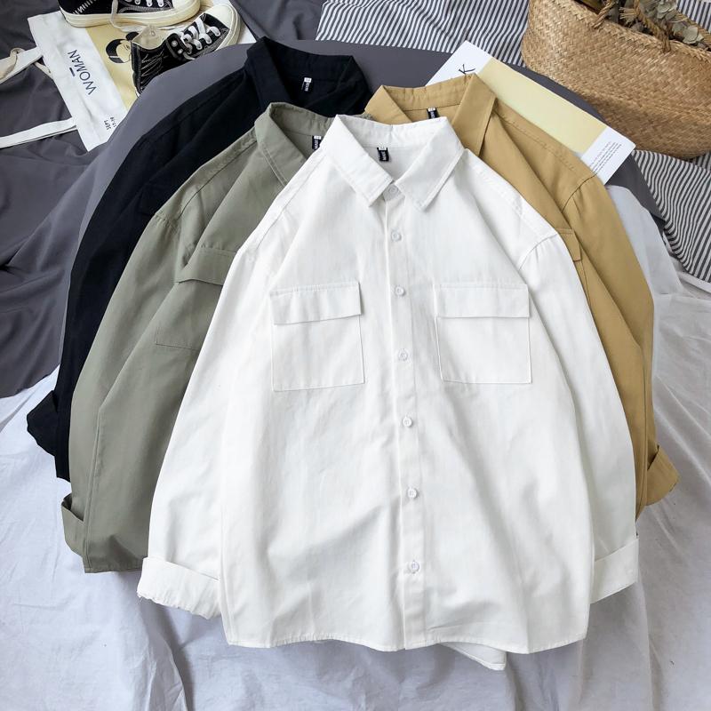 

Autumn Cotton Shirt Men's Fashion Solid Color Shirt Men Slim Fit Dress Casual Tooling Long-sleeved Shirts Mens M-3XL, White