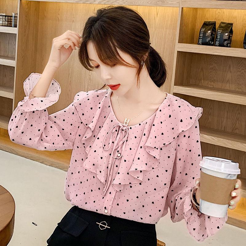 

Style Women Blouse Office Lady O-Neck Long Sleeve Chiffon Shirt Lace Up Dot Print Casual Polka Dots Tops Spring Tunic Y361, Fense