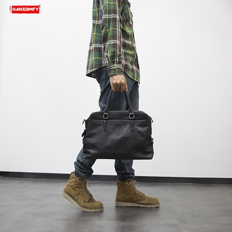 

2021 New Genuine Leather Men's Briefcases Male Business Handbag Cross Section Computer Shoulder Bag Soft Black Leather Briefcase1