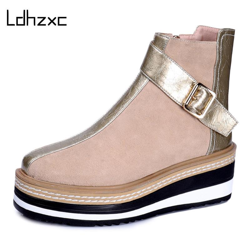 

LDHZXC 2020 Cow Suede Leather Women Ankle Boots Warm Autumn Winter Riding Boots Platforms Shoes Woman High Heels Female Shoes, Black