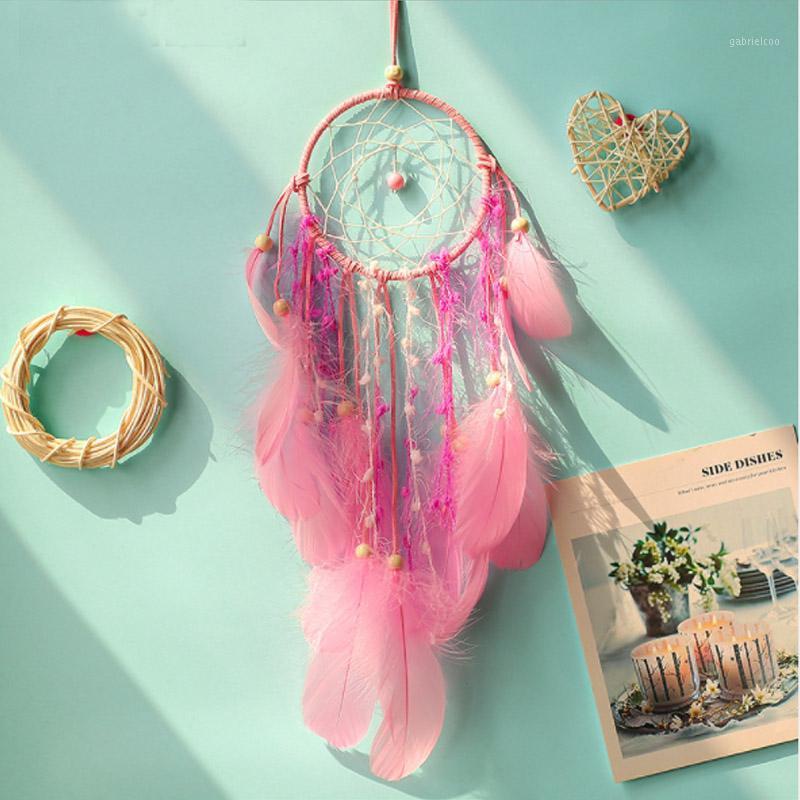 

Scandinavian style Pink Dream catcher hanging DIY Feather Crafts Wind Chimes Girl Bedroom Romantic Hanging decoration gift1
