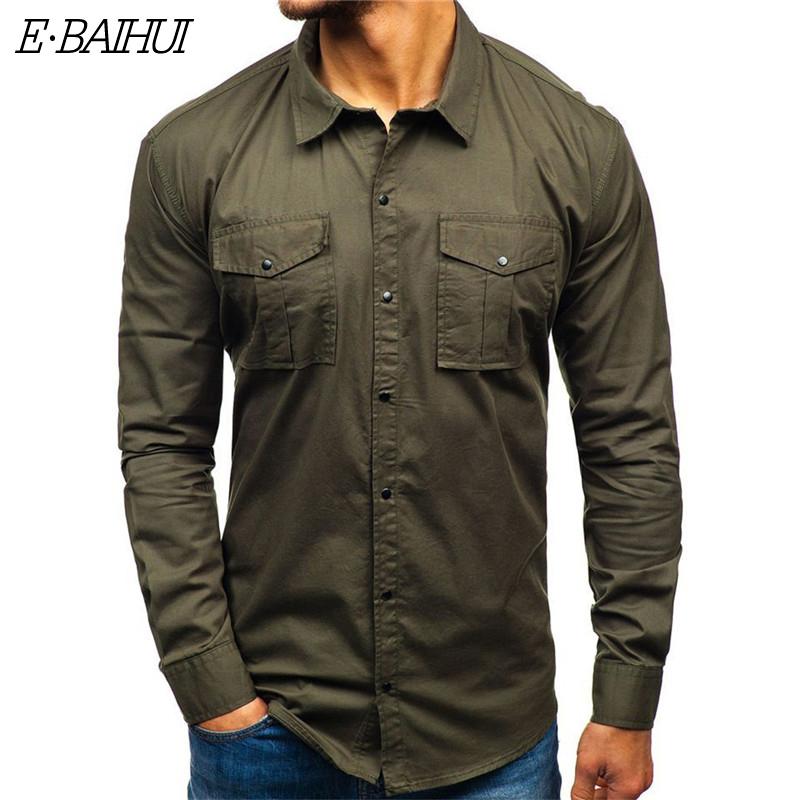 

E-BAIHUI Men shirt Autumn Casual man shirt cotton Cargo Slim Button Solid long sleeve men Pocket Shirts, Black