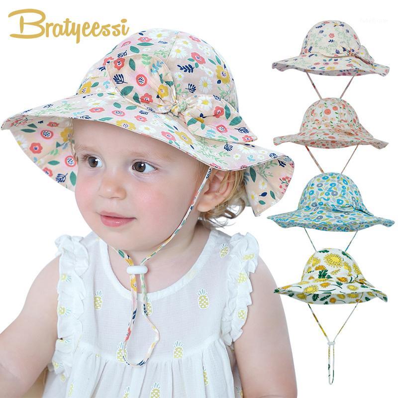 

New Bow Summer Baby Hat for Girls Panama Kids Bucket Hat Spring Autumn Travel Beach Big Brim Baby Cap Girls Sun Hats 12 Colors1, Blue floral
